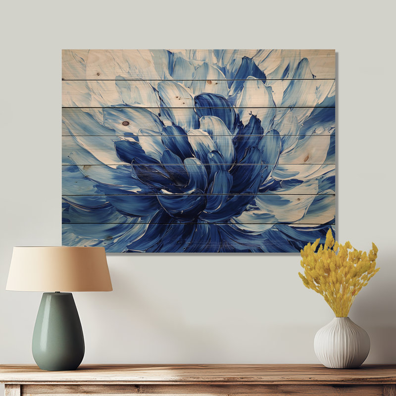 Velours bleu fleurs de cactus III - impression traditionnelle en bois bleu sur bois de pin naturel