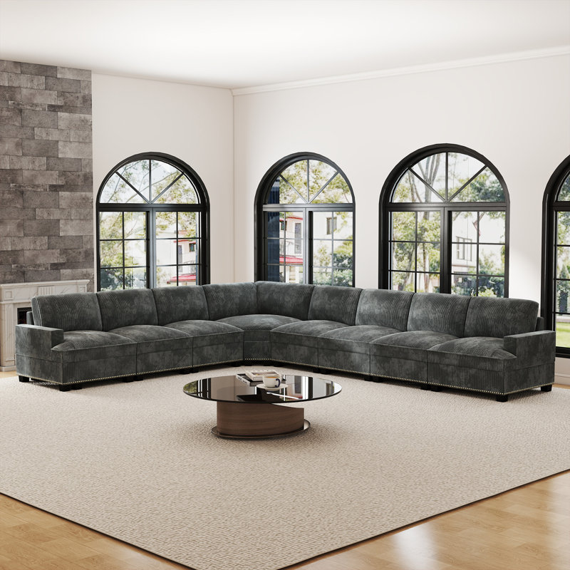 Spacieux canapé modulaire en forme de U en velours côtelé de 10 pièces, canapé Cloud avec repose-pieds