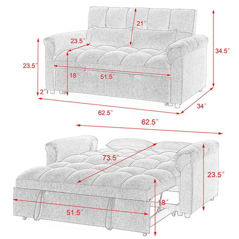 Ruchma Twin 62'' Upholstered Convertible Sofa, Grey Blue Linen