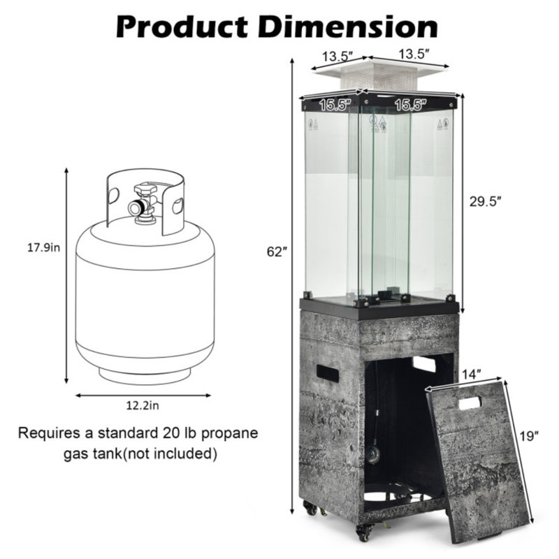 Chauffe-terrasse extérieur au propane 41 000 BTU avec hotte en métal et 4 roues, Gris foncé