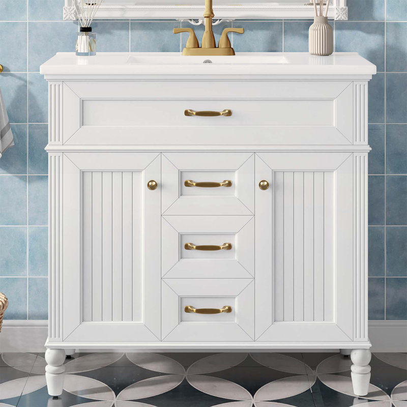 Armoire autoportante avec évier, structure en bois, tiroir supérieur rabattable, 2 tiroirs de rangement, Blanc