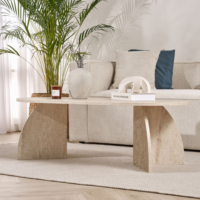 Table basse moderne, couleur travertin, 47,2 po x 15,7 po x 23,6 po | 100% panneau de particules enduit de mélamine, épaisseur: 0,7 pouce | Design élégant en marbre, parfait pour le salon et les espaces contemporains, durable et élégant
