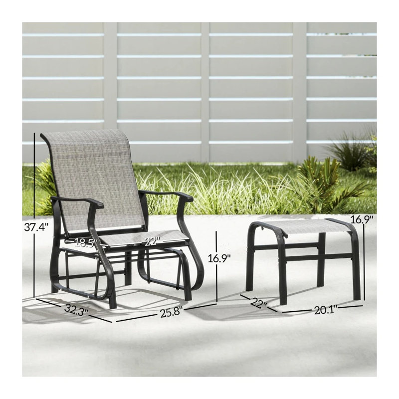 High Back Outdoor Glider Chair Set with Ottoman, Mesh Seat and Steel Frame, Black and Grey