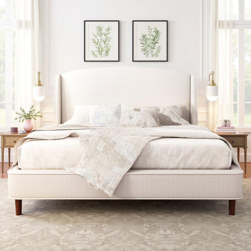 Très grand lit plateforme tapissier avec tête de lit à oreilles - tissu beige, pieds en bois massif et conception silencieuse, capacité de 500 lb
