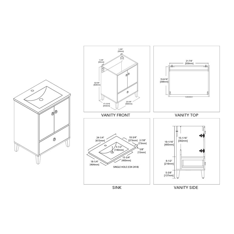 24'' Single Bathroom Vanity with Sink, Matte White