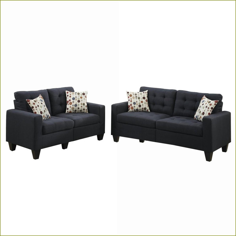 Sofas Couches, Modern 2pc Black Polyfiber Tufted Sofa Loveseat Set with Pillows | Black | Solid Pine