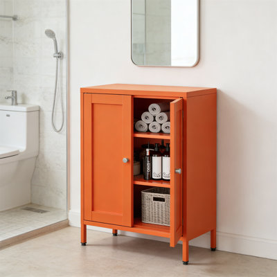 Small Orange Metal Locker Cabinet With 2 Doors, 2 Adjustable Shelves For Home Office, Living Room, Entryway
