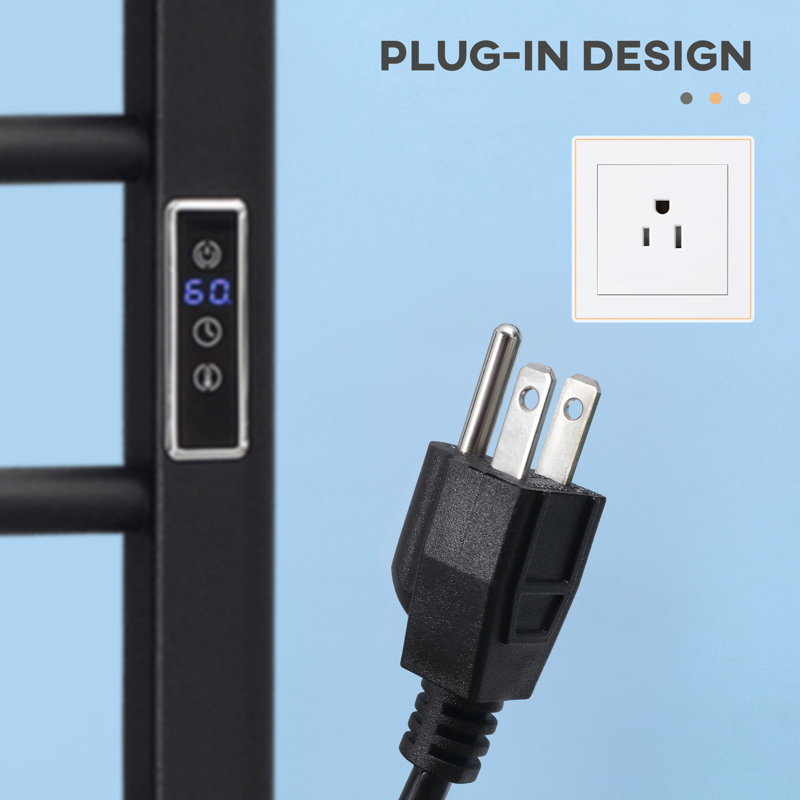 Chauffe-serviettes électrique autoportant à 8 barres avec minuterie intégrée et indicateurs à DEL, Noir, noir, noir, noir