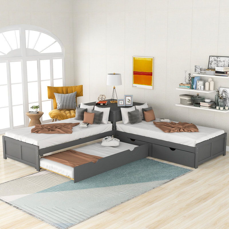 L-Shaped Platform Bed With Trundle, Drawers, Twin, Grey - Built-In Desk For Practical Use Stylish Bedroom, Grey