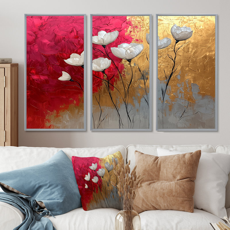 Fleurs roses et dorées, forme pure de marbre II - coquelicot, art mural - 3 pièces, H 28 po x l 36 po, Argent argent