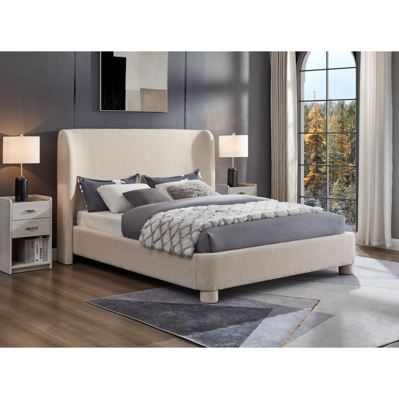 Lit plateforme tapissier Kiria, Grand, Tissu texturé en lin beige