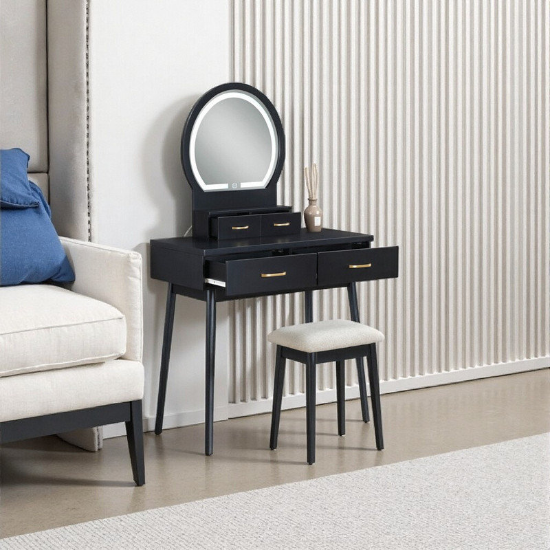 54 Inch Vanity Dresser with LED Mirror, 4 Drawer Dressing Table Set with Stool, Black