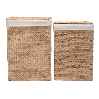DTX Intl Handmade Wicker Laundry Hampers - Set of 2 Water Hyacinth Storage Baskets with Integrated Handles, Removable Liners, and Lids