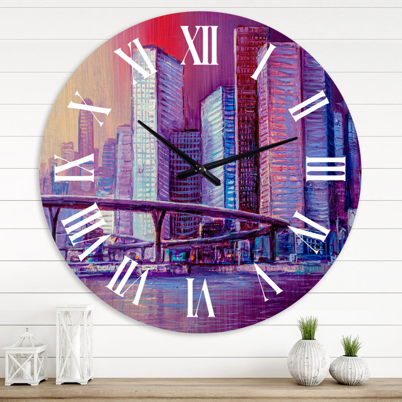 Horloge murale moderne paysage urbain futuriste en mauve, Médium
