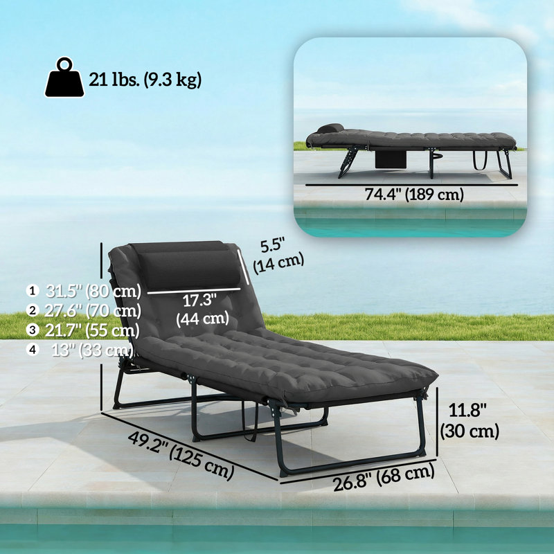 Chaise longue pliante avec coussin, fauteuil de bronzage inclinable, gris foncé