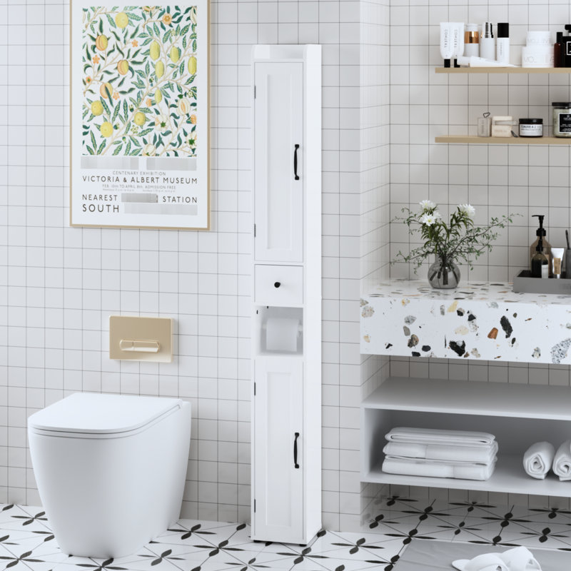 69.52" Tall Slim Freestanding 2 - Door Bathroom Cabinet With 3 Adjustable Shelves, Tip, Open Compartments, White For Bathroom, Kitchen And Study In Small Areas Of Home , Living Spaces