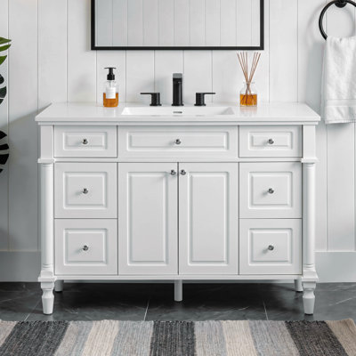 47.8 Inch Vintage‑Style Freestanding Bathroom Vanity With Sink, Bathroom Cabinet With 6 Drawers & 2 Doors, Solid Wood Legs, Soft-Closing Hinges