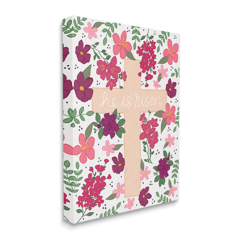 «He Is Risen Faith Expression Pink Florals Cross» par Raye Allison Creations - impression, H 30 po x l 24 po x P 1,5 po