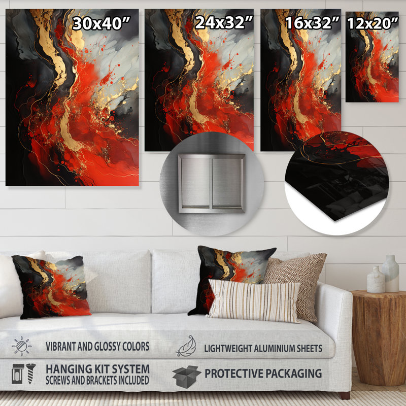 Rouge et volcan en marbre doré V - art mural abstrait en métal, H 40 po x l 30 po x P 1,5 po