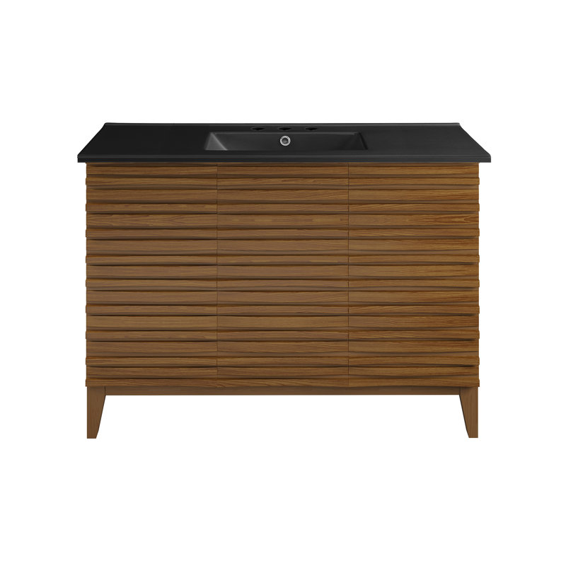 Meuble-lavabo en chêne brun Cascade 48 po avec comptoir en céramique noir à 3 trous, Noir, 8 po, Brown Oak