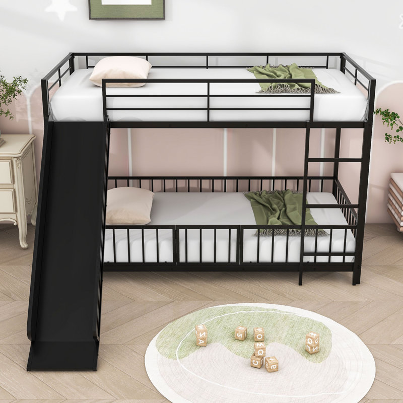 Twin Over Twin Metal Bunk Bed With Slide, Convertible Loft Design And Safety Guardrail, Black