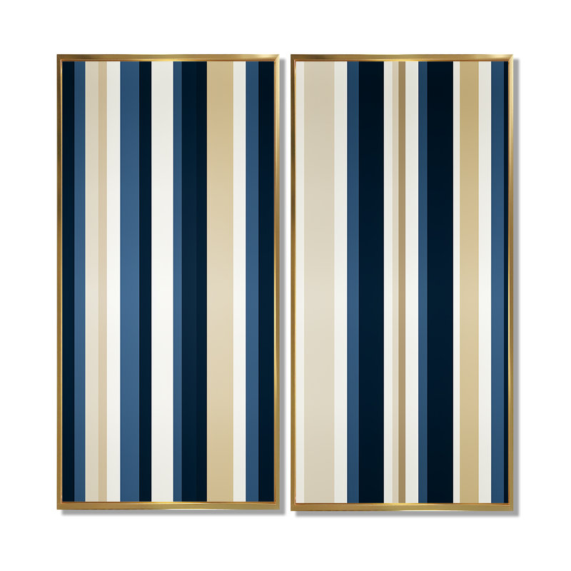Élégant motif classique rayé sur toile beige et bleu classique, 2 pièces, H 20 po x l 24 po, Doré