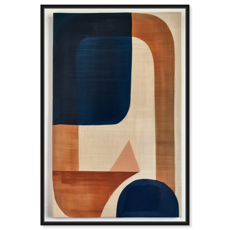 Blue and Cream Canvas Midcentury Abstract Wall Art with Black Frame