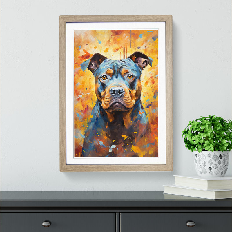 Staffordshire Bull Terrier Impressionism - Framed Print, Oak, 64cm H x 46cm W x 2cm D