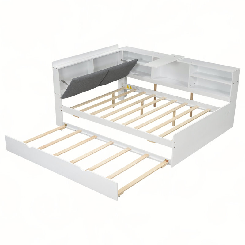 Lit plateforme en bois avec lit gigogne, tablettes et tête de lit, Double, Blanc / gris