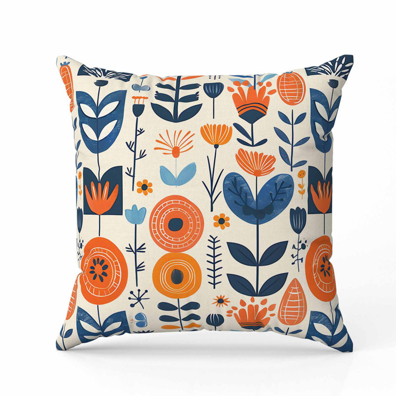 Coussin en suède Baltic Blossoms, Square 16", Bleu / beige / orange