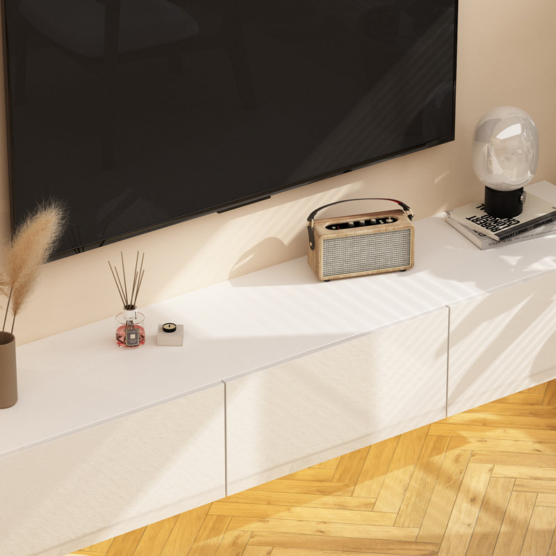 Meuble télé mural de 63 pouces avec éclairage DEL 44 couleurs, 3 tiroirs et application/télécommande, Blanc