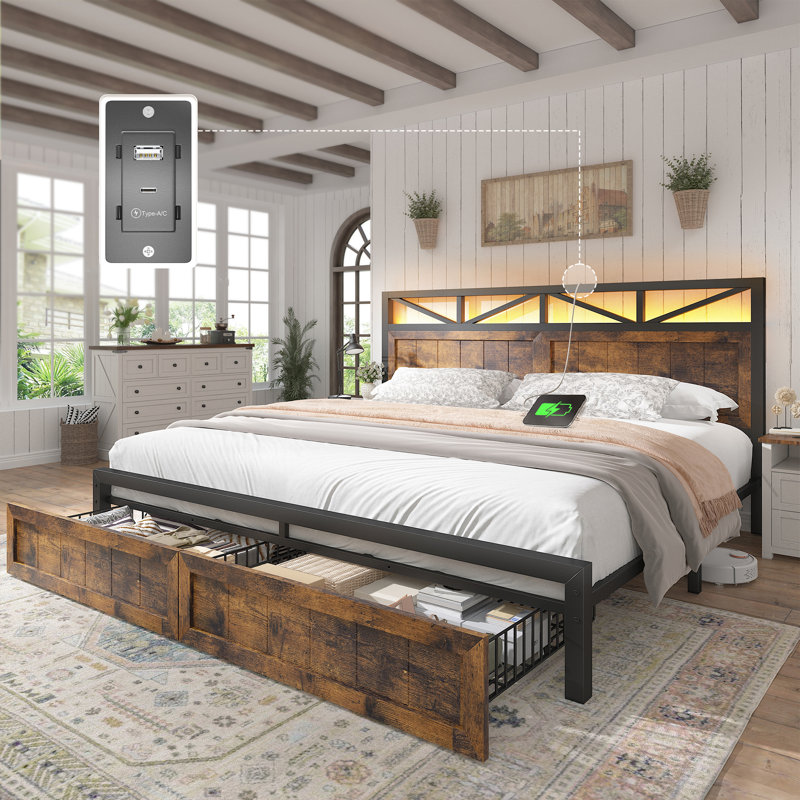 Queen Bed Frame With Headboard, Led Bed Frame With Charging Station, Storage Bed With 2 Wooden Drawers, Brown, King