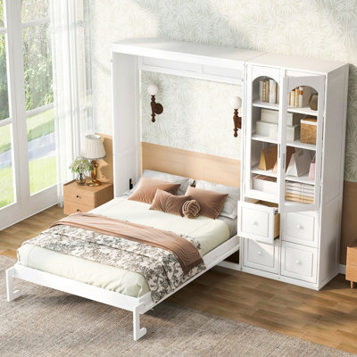 Grand lit escamotable avec armoire latérale réversible de gauche à droite, portes en acrylique, 4 tiroirs et armoires à tablettes de rangement multiples