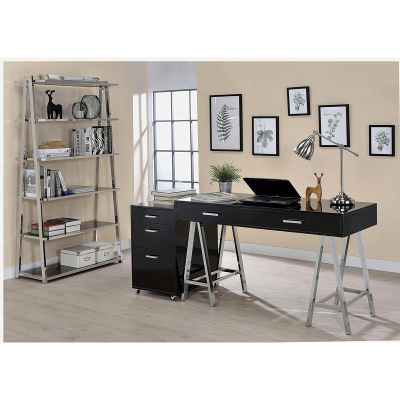 Bureau 2 tiroirs noir brillant et chrome