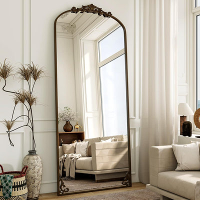 Miroir arqué pleine longueur, miroir corps entier rétro de 71 po x 28 po sculpté pour la décoration intérieure, miroir de plancher autoportant pour mur de salon, chambre à coucher, vestiaire, style rétro