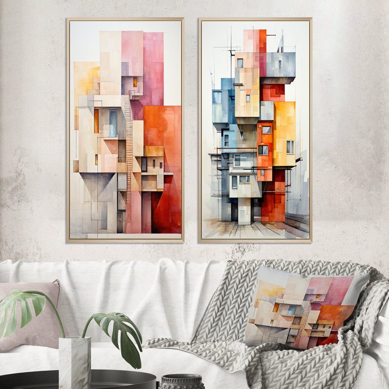 «Constructivism Construit Horizons I», 2 pièces sur toile, Encadrement brun, H 40 po x l 40 po