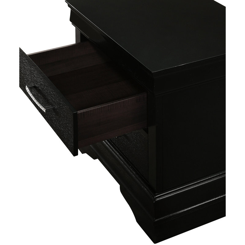 Table de chevet noire avec ornement artificiel, systèmes de guidage de tiroirs, poignées de fabrication et de cristal pour la décoration de la chambre à coucher