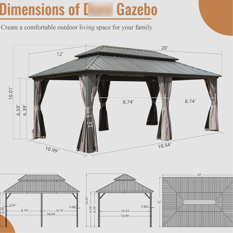 Pavillon de jardin 12 pi x 20 pi, métal en aluminium, toit en acier galvanisé, rideau pour la détente dans le patio