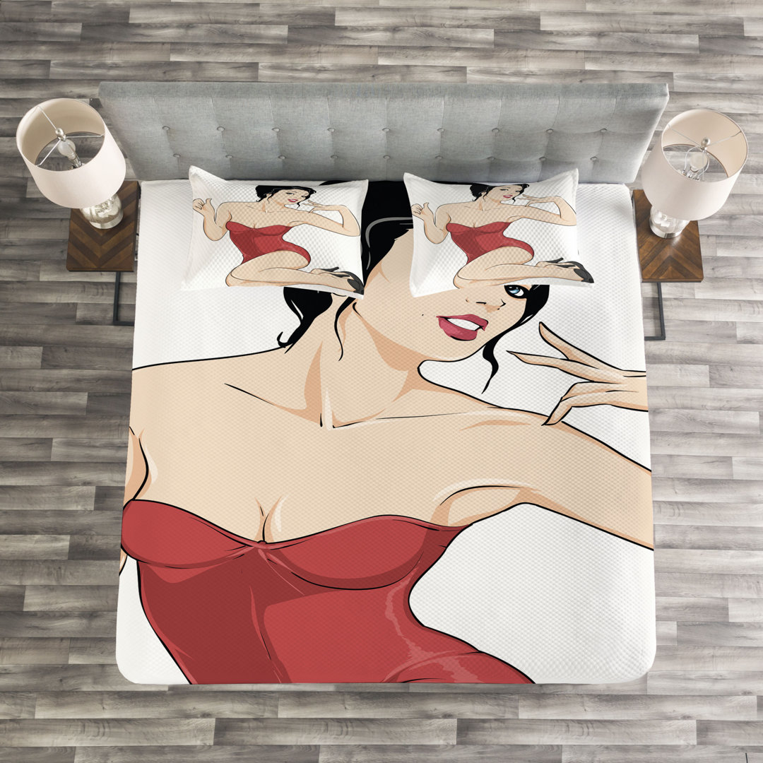 Tagesdecke Set, Blasse Haut Brunette, Pin up Girl, Beige Ruby und Schwarz