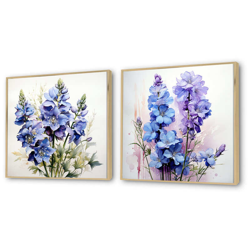 Bouquet de fleurs bleues et mauves Delphinium I - ensemble de 2 impressions murales Delphinium, Encadrement brun