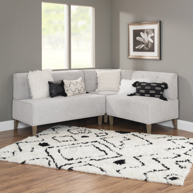 Light Grey Tufted Upholstered Corner Nook Bench with Wood Legs