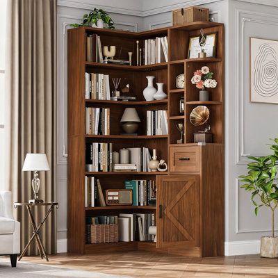 Bibliothèque d'angle à 6 niveaux, bibliothèque d'angle en forme de L de 188 cm de haut avec étagères ouvertes, tiroir et placard, meuble de rangement moderne pour bureau à domicile, noyer