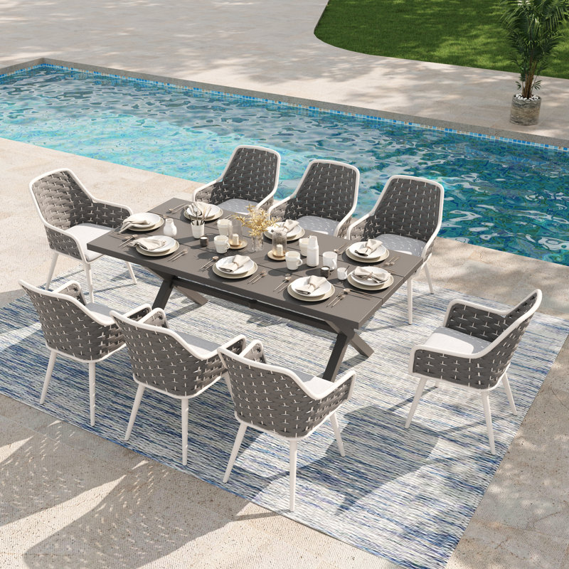 Ensemble repas extérieur pour 8 personnes avec coussins 8 personnes, Blanc / Gris
