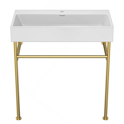 30" Bathroom Console Sink With Overflow,Ceramic Console Sink White Basin Gold Legs
