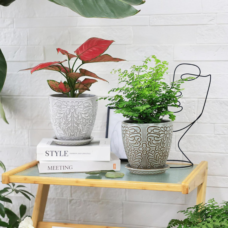 Set Of 2 Retro White 6" Ceramic Planters With Drainage & Saucers