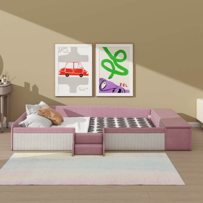 Velvet-Upholstered Daybed With Stairs & Gas-Lift Ottoman Storage, Featuring Padded Safety Rails