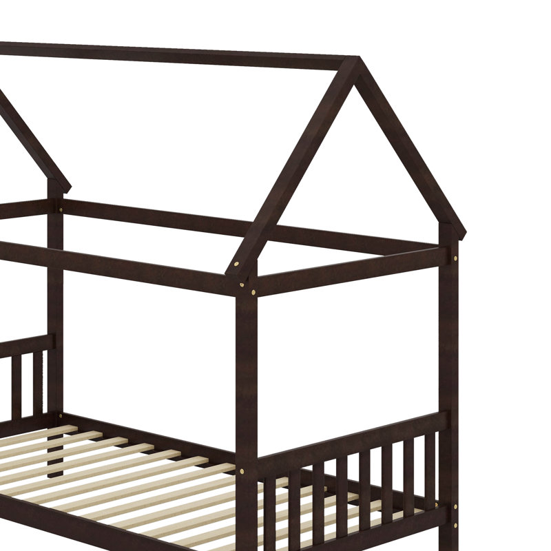 Lit simple avec tête et pied de lit, lit simple en bois d'hévéa avec cadre de maison, Espresso