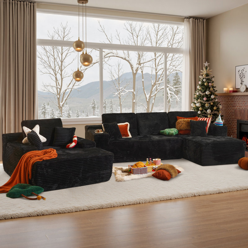 Aucun assemblage requis 3 pièces Canapé modulaire rembourré à compression avec chaise longue Cloud, Velours côtelé noir