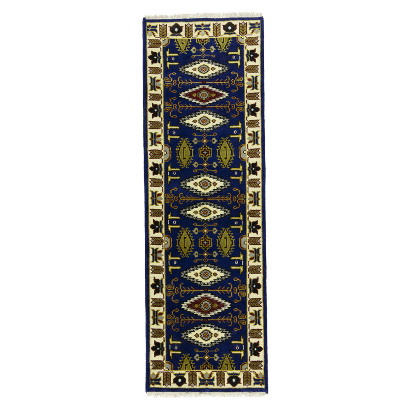 Katzue Geometric Handmade Runner 2'7 x 7'11 Wool Area Rug Navy Blue