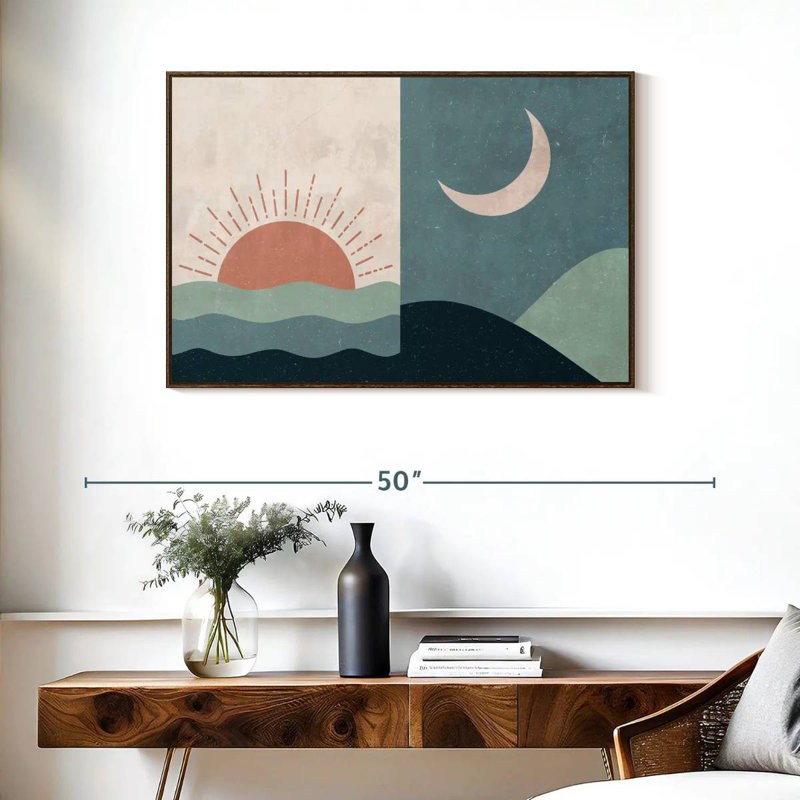 Boho lever et coucher de soleil II, 37 po x 25 po, Cadre flottant en noyer